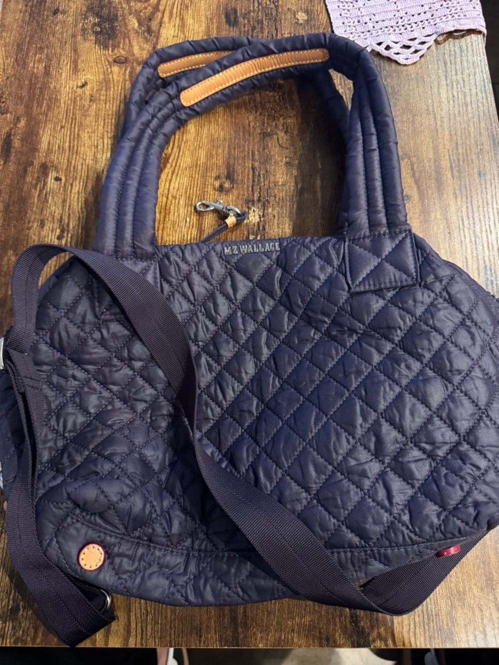 MZ Wallace Quilted Nylon Tote in Navy with Tan Trim